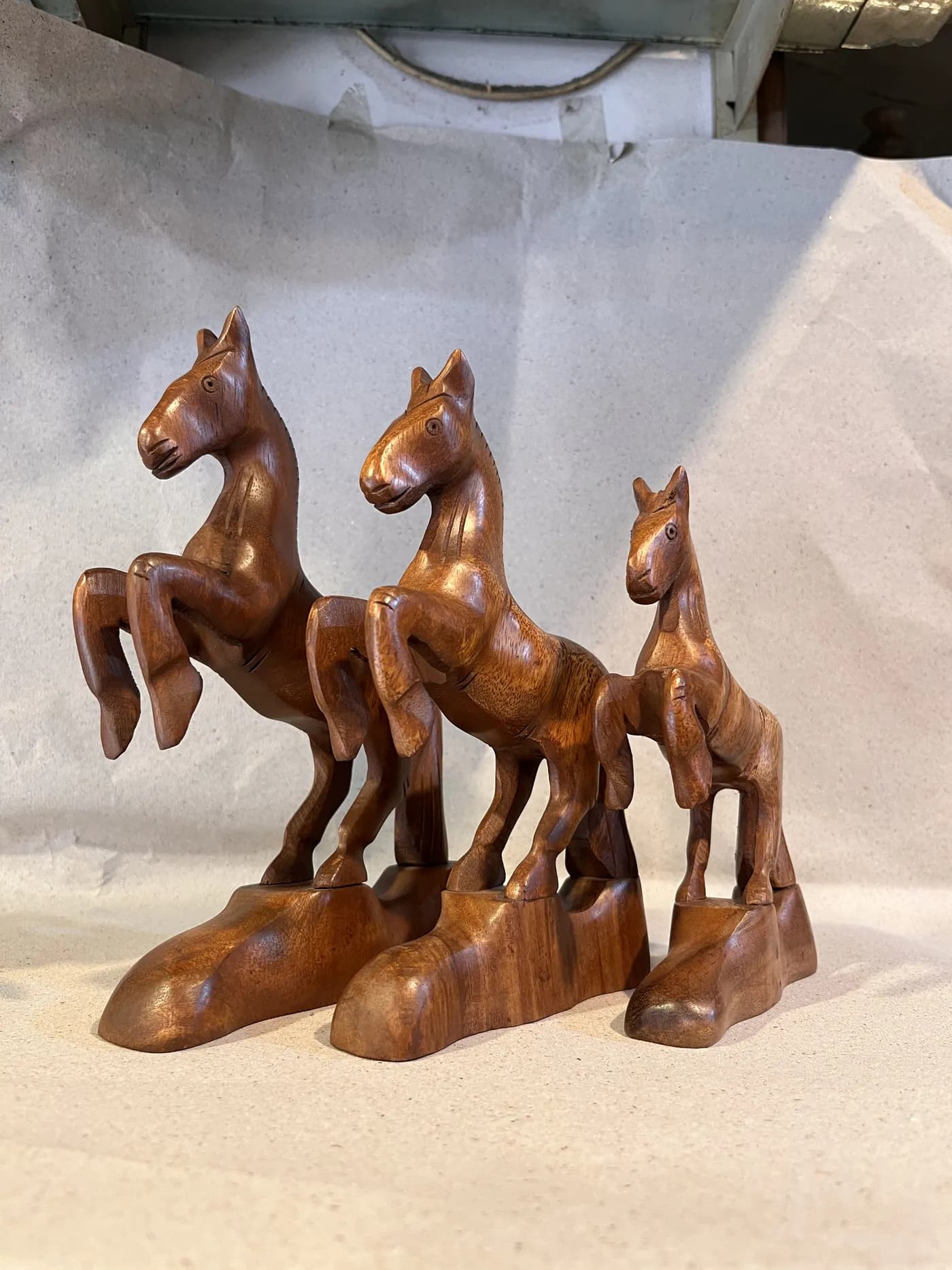 Authentic Pakistani handcrafted Hand-Carved Sheesham Wood Rearing Horse Set (3-Piece) (7,8,9 inches) - sheesham wood from Ghazali Handicrafts Lahore