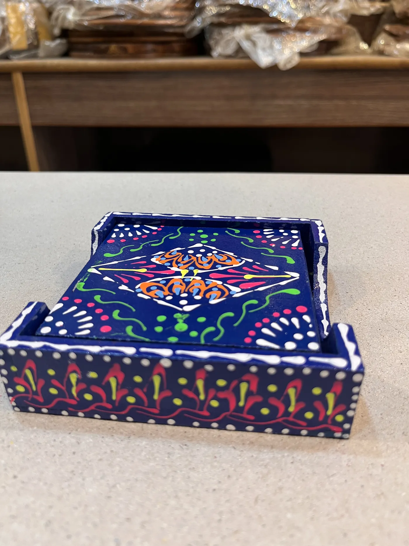 Authentic Pakistani handcrafted Hand-Painted Wooden Truck Art Tea Coasters (Set of 6 with Holder) (4x4 inches) - truck art from Ghazali Handicrafts Lahore