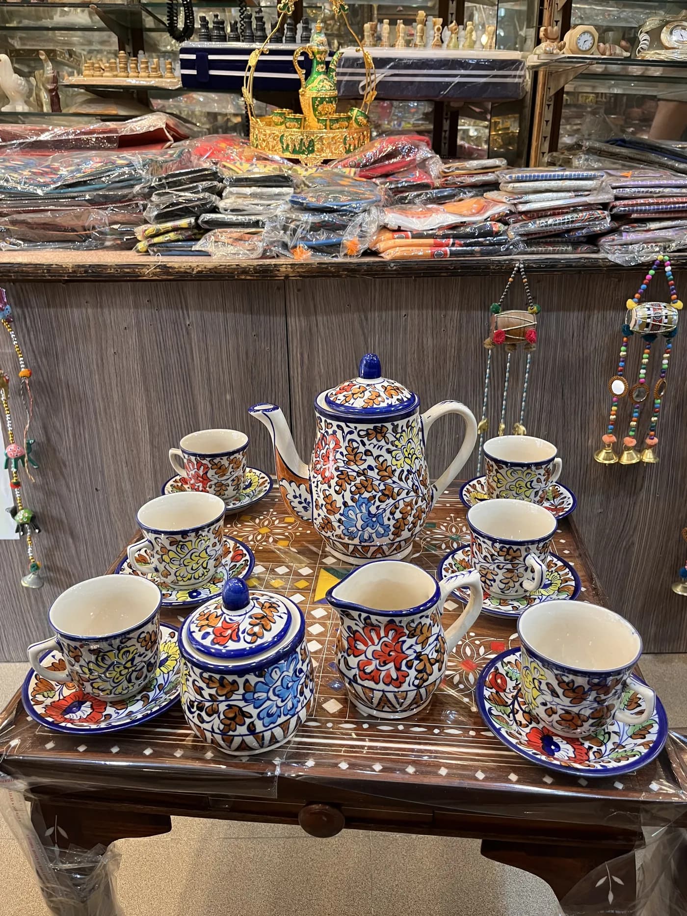 Authentic Pakistani handcrafted Multani Blue Pottery Ceramic Tea Set (15-Piece Set, 8-Inch Teapot) - Artisan Craft from Ghazali Handicrafts Lahore