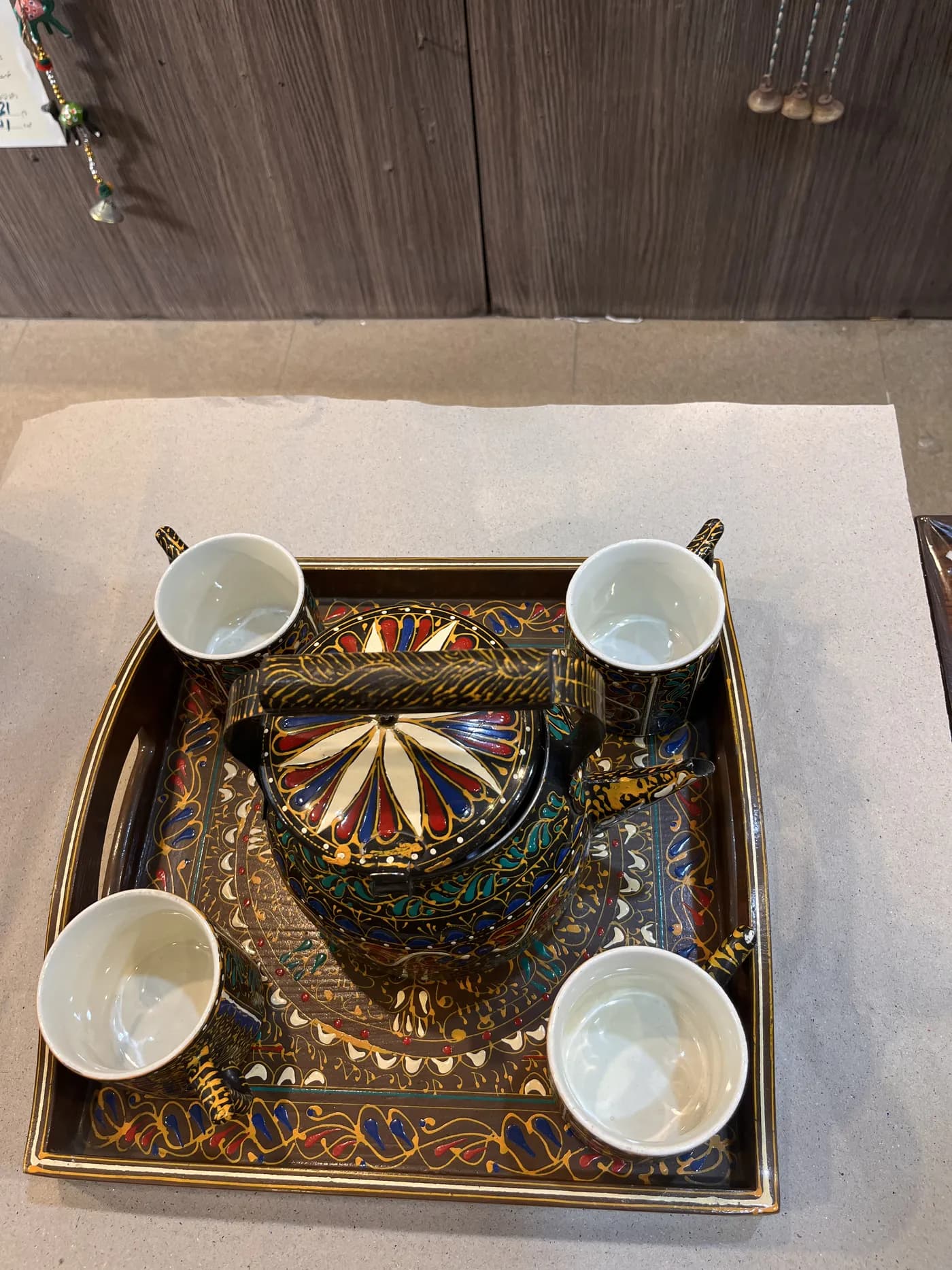 Authentic Pakistani handcrafted Swati & Truck Art Wooden Tea Set (6-Piece Set with Serving Tray) (12x12 inches) - swati art from Ghazali Handicrafts Lahore